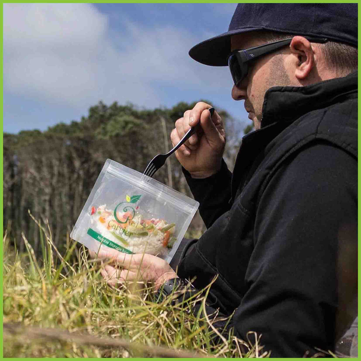 Kai Carrier reusable storage bags being demonstrated with a hiking lunch.