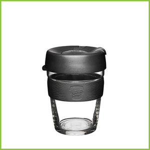 340ml reusable glass cup from Keepcup with a black lid and a black band.