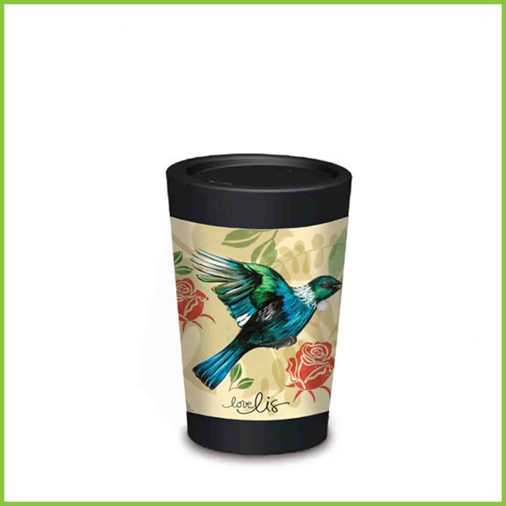 A lightweight reusable cup from CuppaCoffeeCup with a Tui and Roses design.