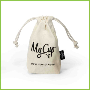 An organic cotton travel or storage bag for a My Cup menstrual cup.