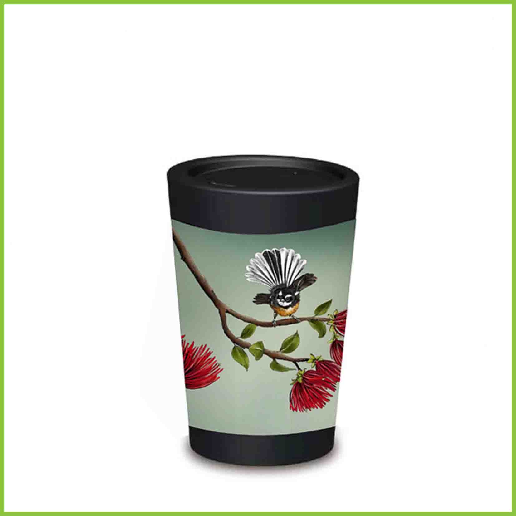 A lightweight reusable cup from CuppaCoffeeCup with a Fantail and Pohutukawa design.
