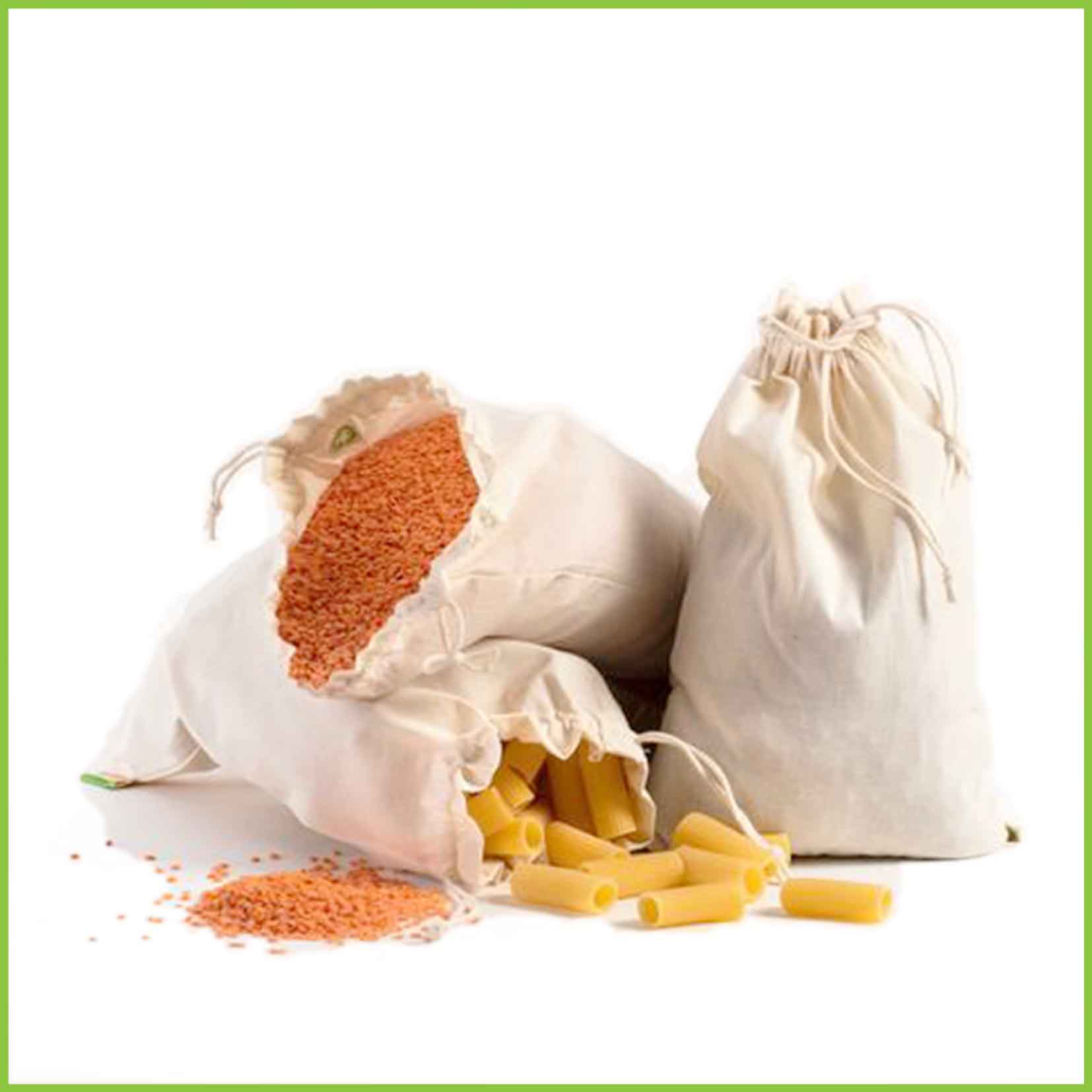 Three bulk bin bags holding dried foods, with pull string closures.
