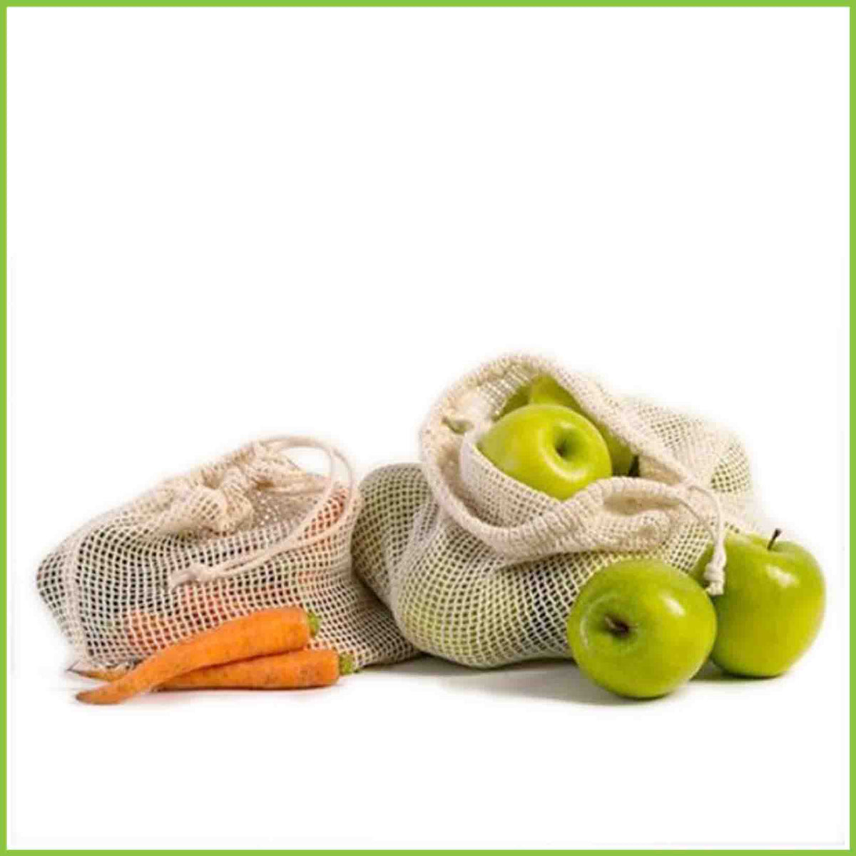Organic cotton veggie bags from Rethink holding some carrots and apples.