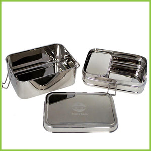 The stainless steel lunchbox system from Bento Ninja, in it's three parts. Includes a lifetime warranty. Also includes a free snack container.