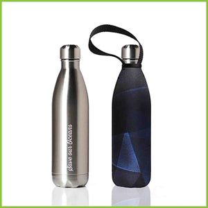 A silver stainless steel bottle and a carry cover with a blue and black prism print.