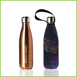 500ml gold coloured stainless steel bottle with a butterfly print carry cover.