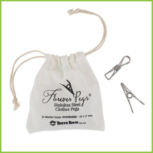 A cotton bag containing 20 stainless steel pegs from Bento Ninja