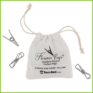 A cotton bag containing 20 tough stainless steel pegs from Bento Ninja.