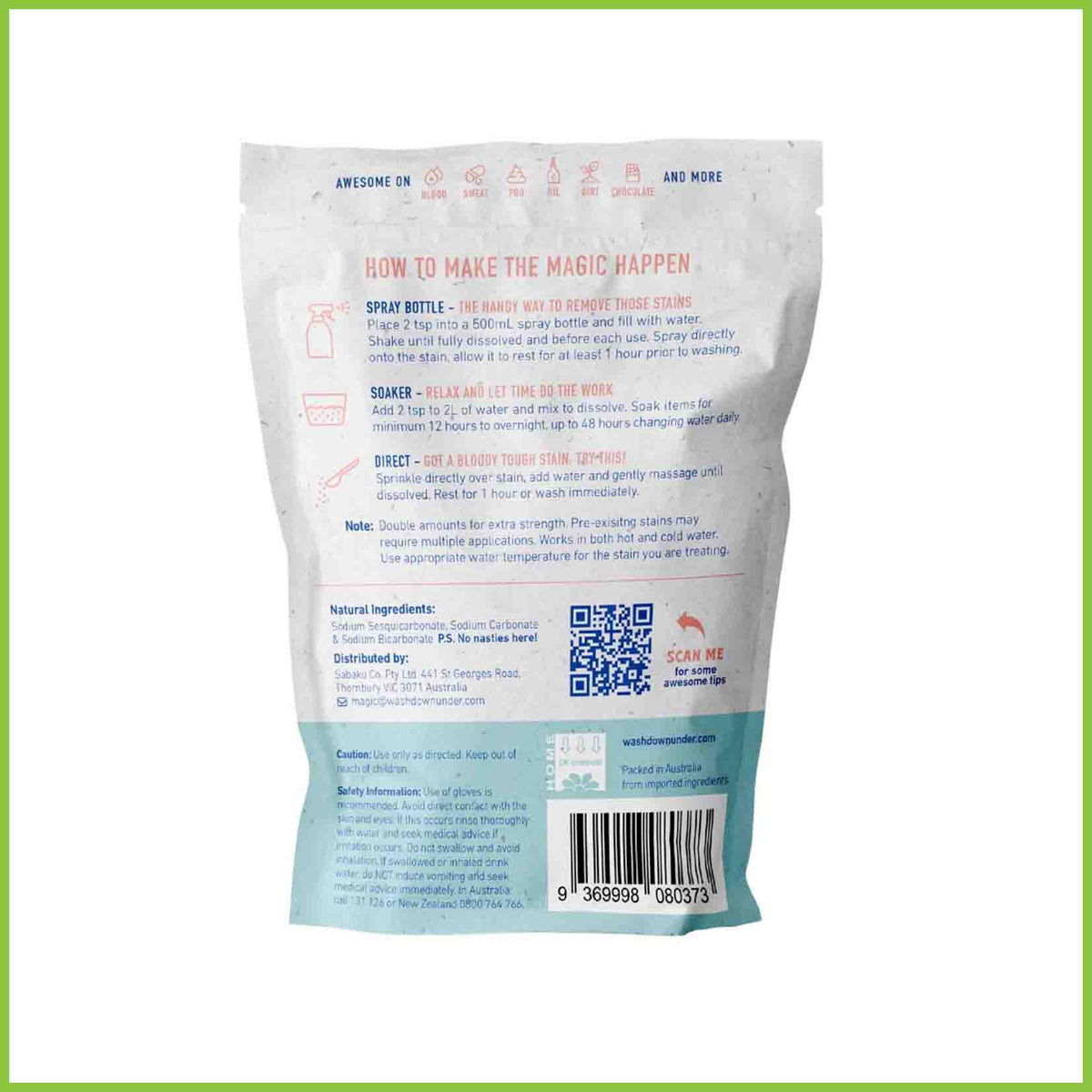 A view of the back of a bag of Bloody Awesome stain remover from the Down Under Wash Co.