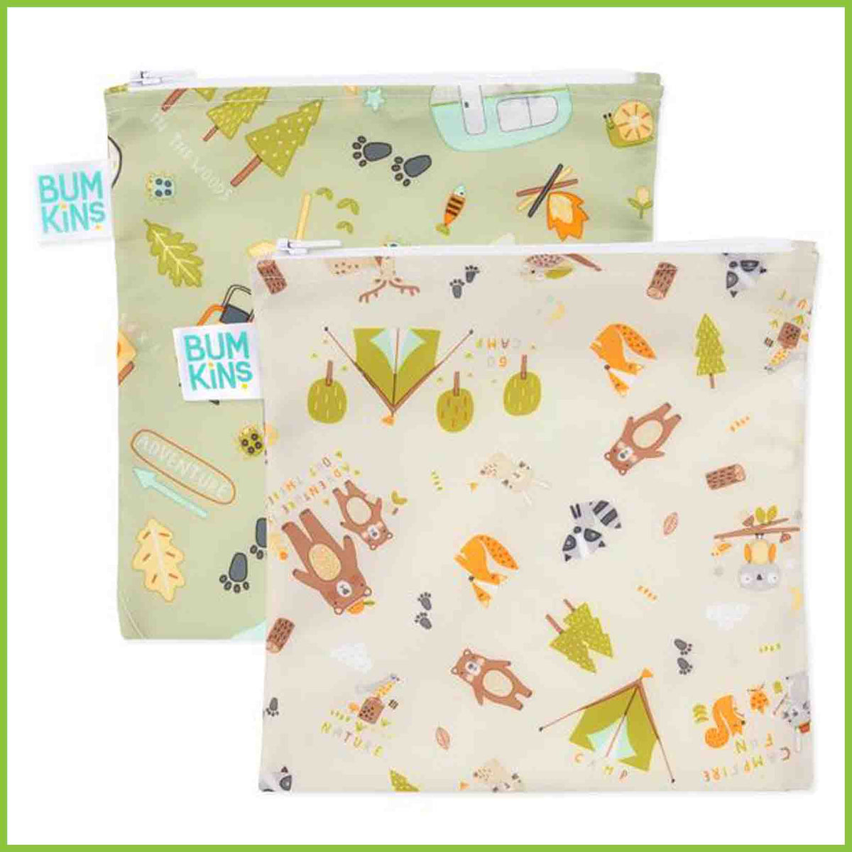 Two Bumkins large snack/sandwich bags. Both with a cute design showing several camping items and animals including bears, racoons, owls, campfire, tents, trees, campervan and footprints.