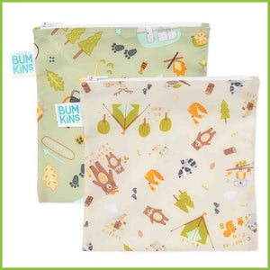 Two Bumkins large snack/sandwich bags. Both with a cute design showing several camping items and animals including bears, racoons, owls, campfire, tents, trees, campervan and footprints.