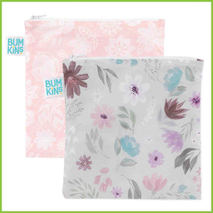 Two Bumkins large snack/sandwich bags. One with a pink lace design and the other with a grey and pink delicate floral design.