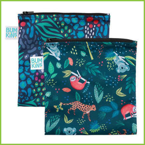 Two Bumkins large snack/sandwich bags. Both with bold dark green jungle print with the following animals; koala, sloth and cheetah.