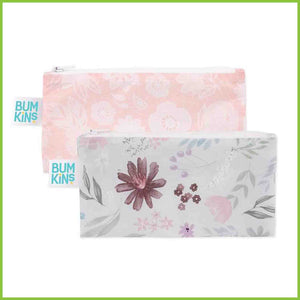 Two Bumkins snack bags - one is pink with a white floral lace pattern and the other is grey with a delicate floral print in pinks and purples.