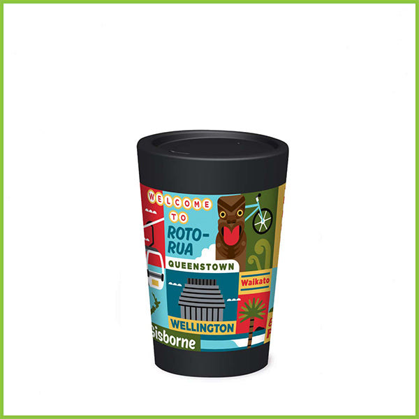 A reusable cup from CuppaCoffeeCup with the Around NZ design.