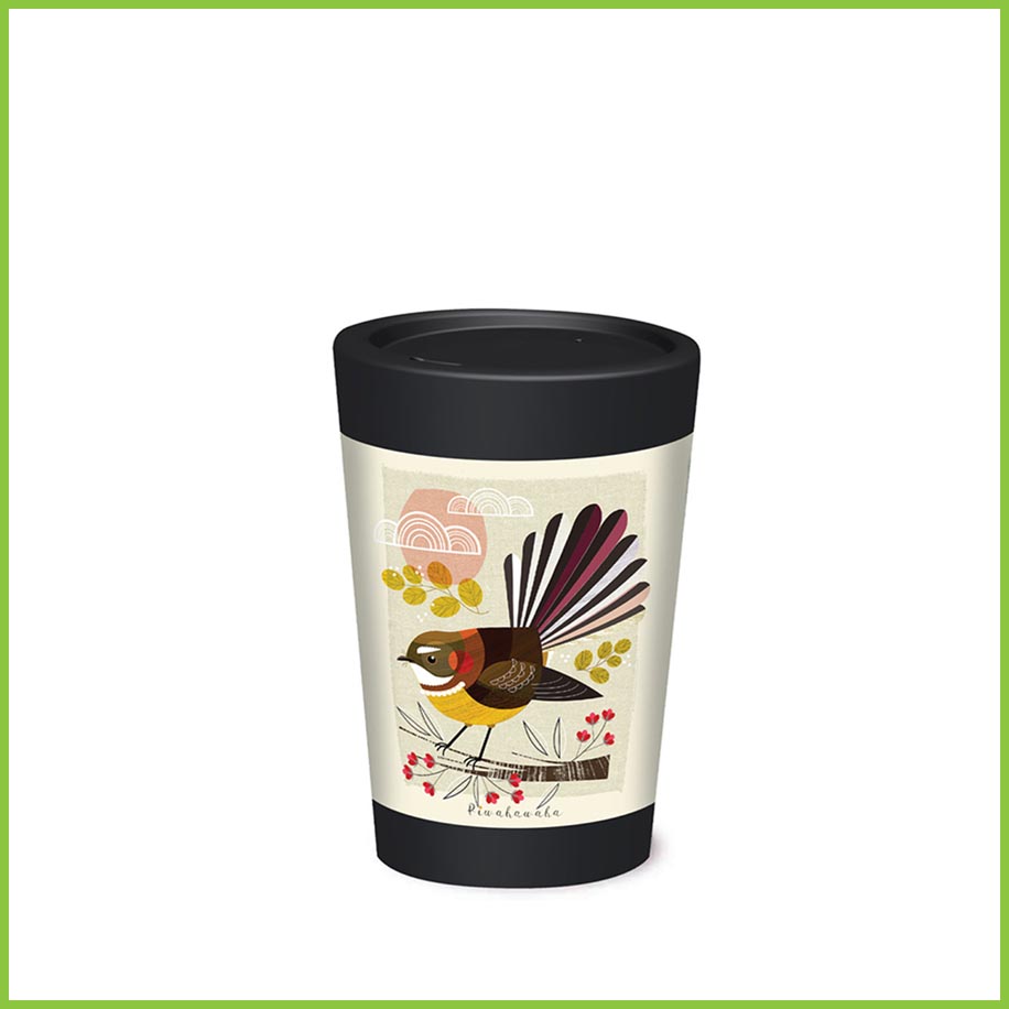 A reusable coffee cup with a wrap around design of three mini birds from CuppaCoffeeCup.