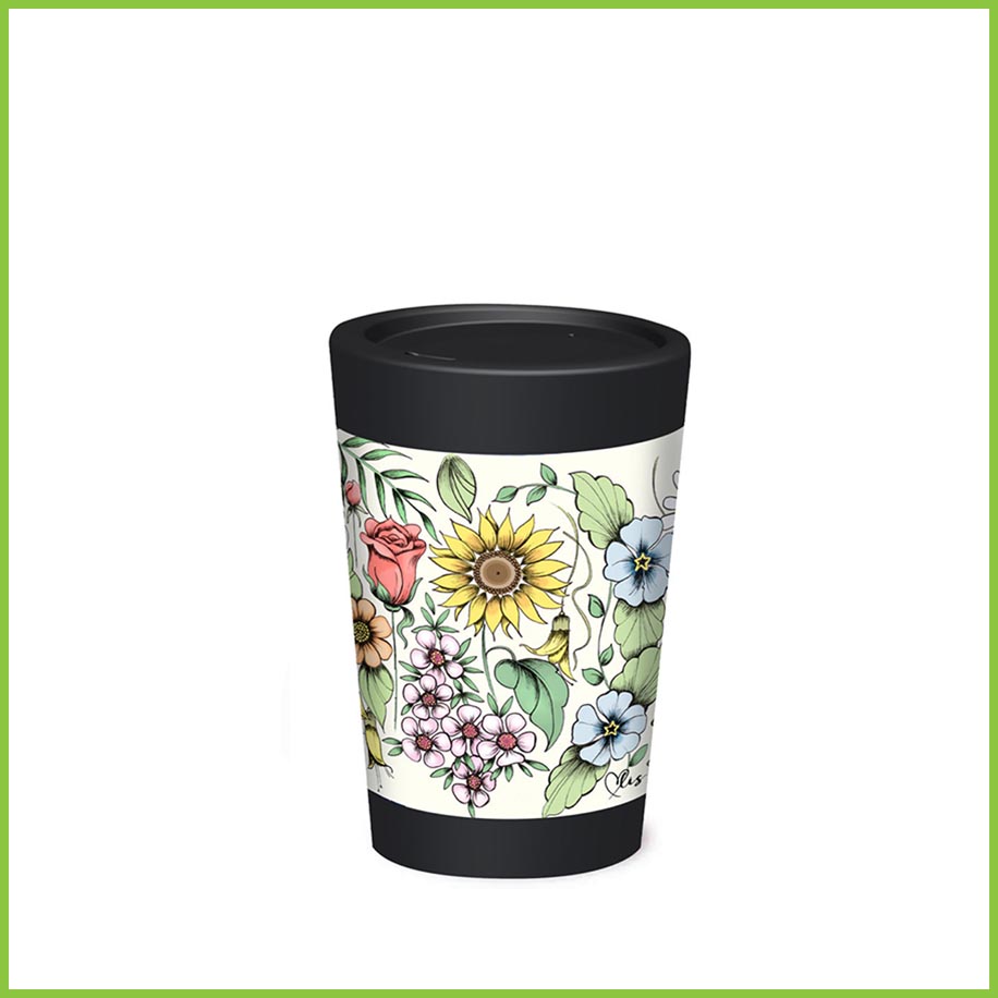 A reusable cup from CuppaCoffeeCup with the Sweet Thing design. This is a print of several pretty flowers fully wrapping around the cup.