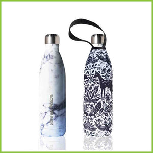 750ml double walled stainless steel bottle with a protective carry cover with a black and white print of a deer and other woodland creatures.