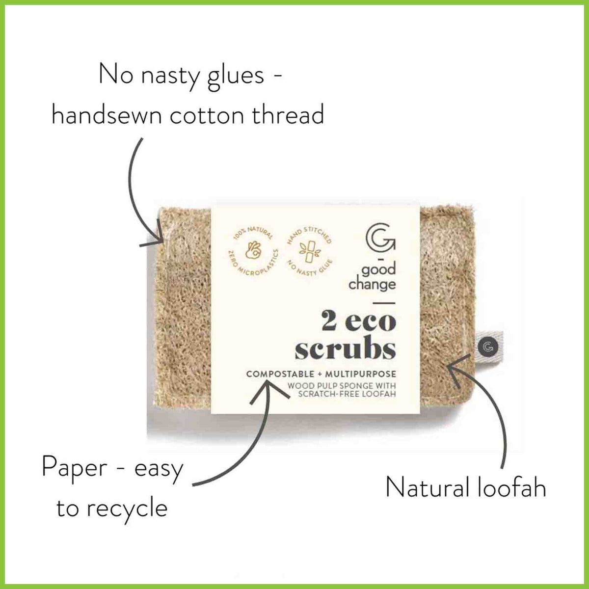 An Eco Scrub from the Good Change Store NZ showing it's features; no nasty glues, hand sewn, paper slip packaging and natural materials.