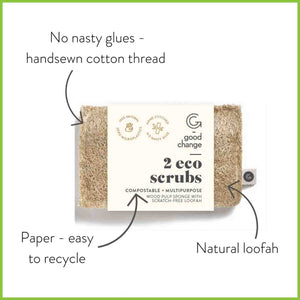 An Eco Scrub from the Good Change Store NZ showing it's features; no nasty glues, hand sewn, paper slip packaging and natural materials.