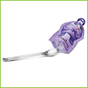 A spoon being used to fill the inside of a Little Mashies reusable food pouch.