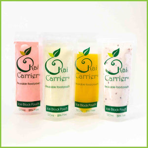 4 Kai Carrier ice block pouches filled yogurts, smoothies and juices.