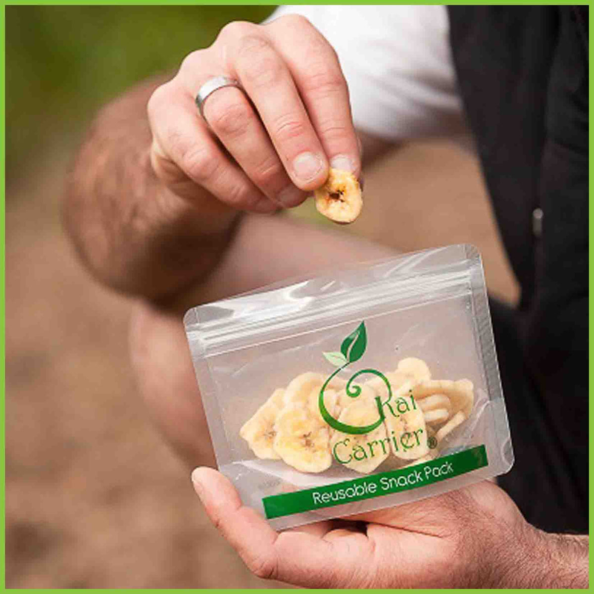 Kai Carrier's snack bag containing dried banana slices