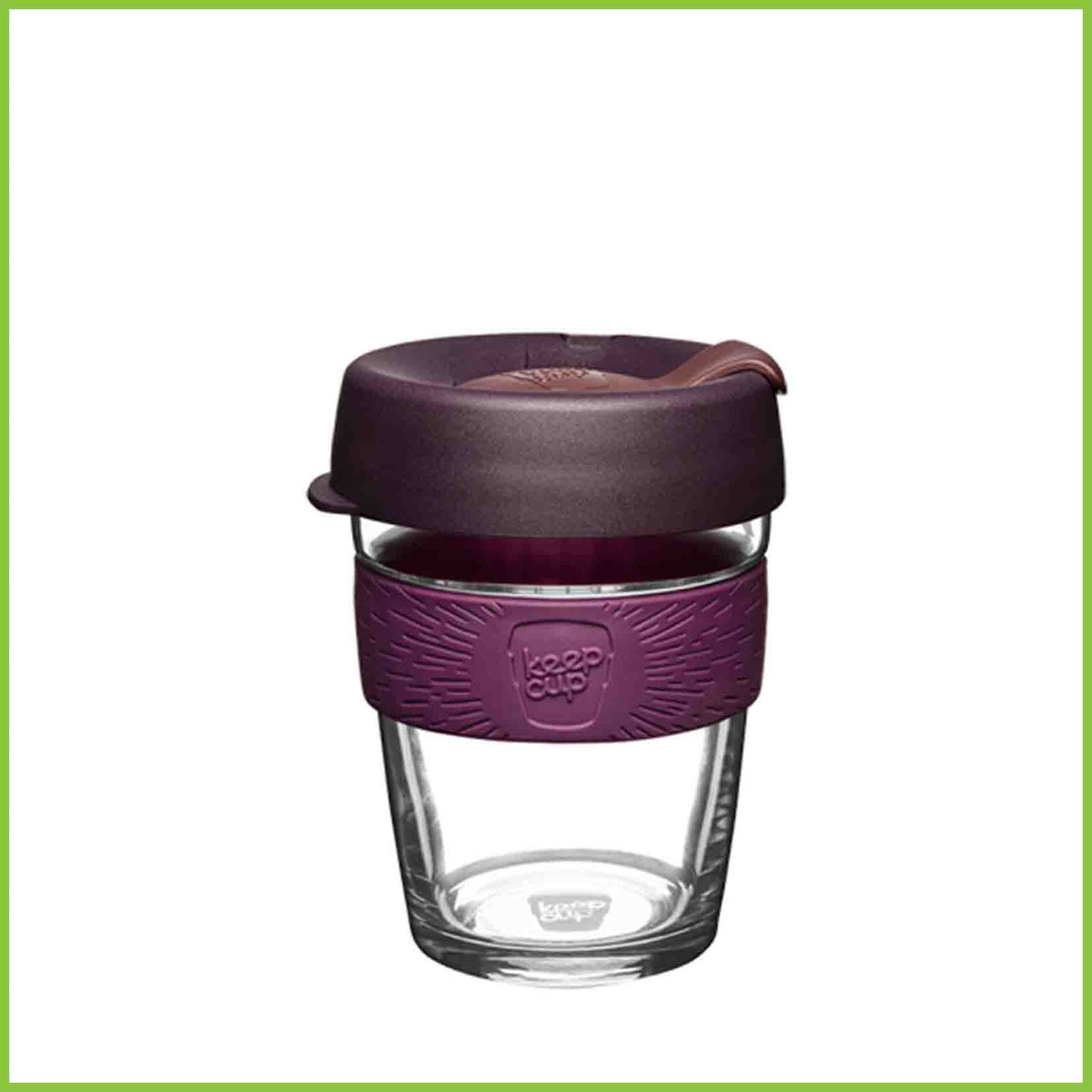 A medium KeepCup made from glass with a deep purple lid and band..