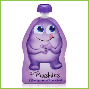 A purple Little Mashies reusable food pouch.