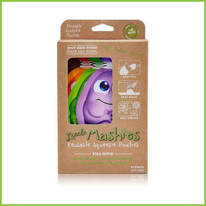 A 10 pack of Little Mashies reusable food pouches in it's cardboard packaging.