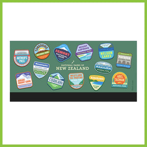 The full flat design of the New Zealand National Park badges that wraps around a reusable cup.
