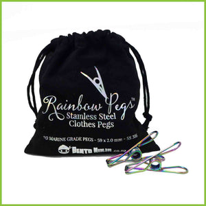 A cotton bag of 20 marine grade stainless steel rainbow coloured pegs