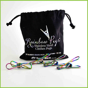 A cotton bag with 20 rainbow coloured stainless steel pegs.