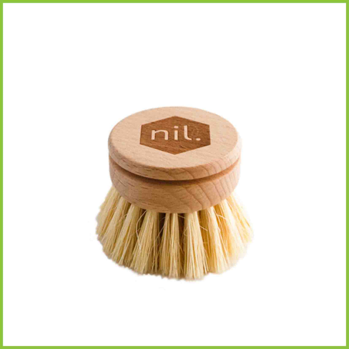 Wooden dish brush head with vegetable fibre bristles.