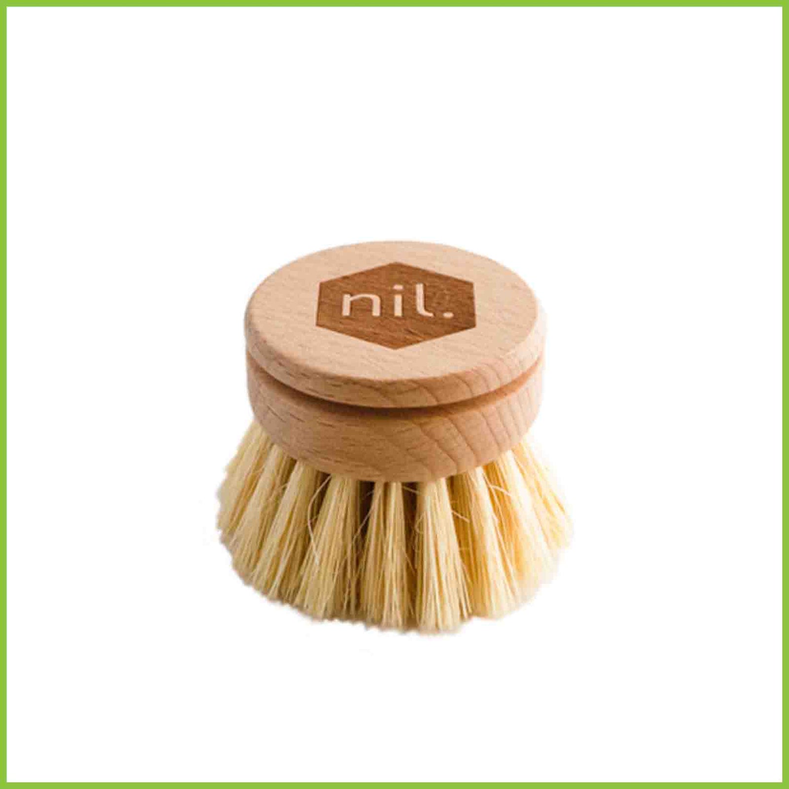 Wooden dish brush head with vegetable fibre bristles.