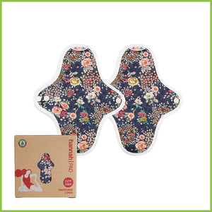 Reusable panty liners from Hannahpad. Twin pack includes two organic cotton panty liners with a pretty floral print called 'Antique Indigo'.