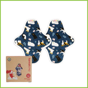 Reusable panty liners from Hannahpad. Twin pack includes two organic cotton panty liners with a dark blue print with lots of cute cats.