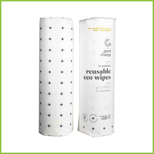 Rolls of reusable bamboo towels on a white background. One roll is package free, the other is packaged in a single sheet of paper.