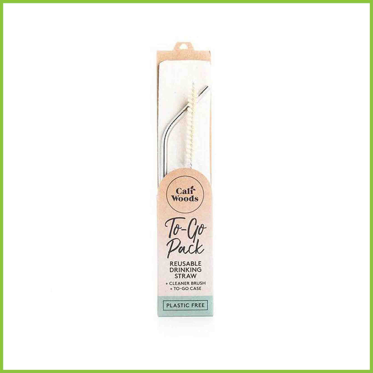 To-go reusable travel pack including a stainless steel drinking straw, a cleaner brush and a cotton carry pouch