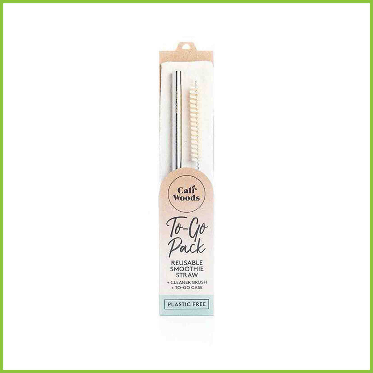 To-go reusable travel pack including a stainless steel smoothie straw, a cleaner brush and a cotton carry pouch