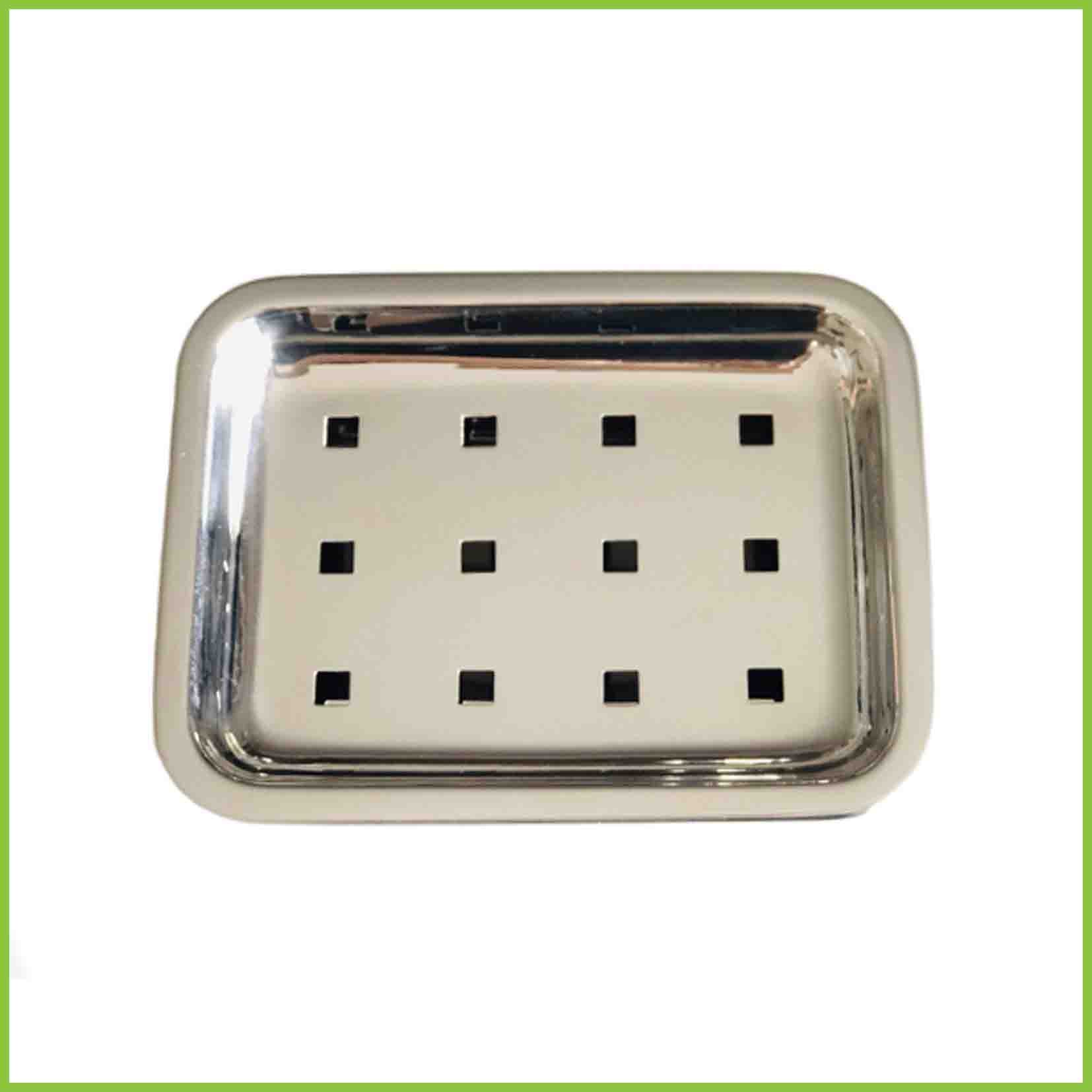 Stainless steel soap dish with hole in the upper tray.