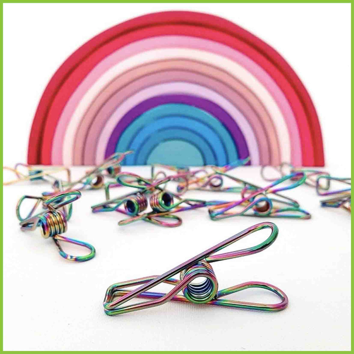 Rainbow coloured marine grade stainless steel pegs.