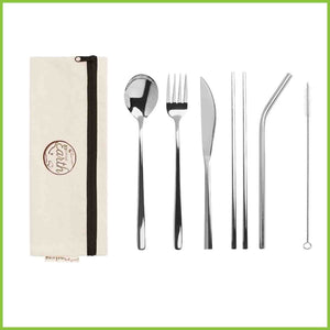 A silver spoon, fork, knife, set of chopsticks, straw, straw cleaner and a travel cotton case with a zip.