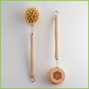 Wooden dish brushes with vegetable fibre bristles